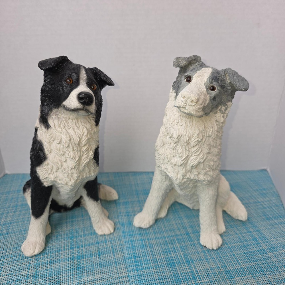 Vintage Living Stone Border Collie Dog Figurines Set 1984 1988 Black Grey White